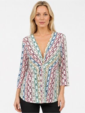 Studio by JPR Multicolor Chain Link Print Deep V-Neck 3/4 Sleeve Blouse Size XL